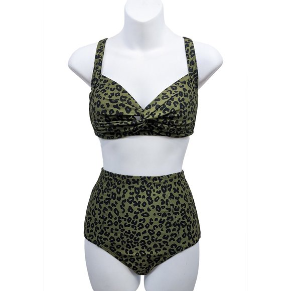 Other - Retro High-Waisted Bikini in Green Leopard Print